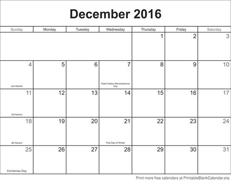 December 2016 Calendar Printable